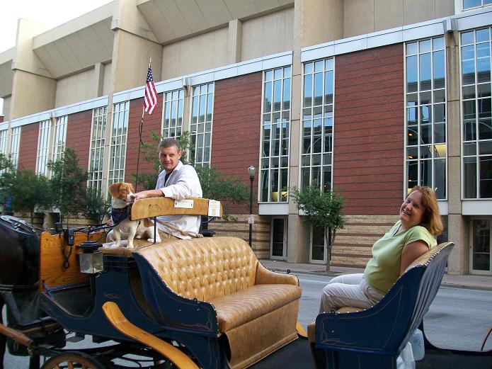 picture of Terry in the carriage, with the driver and his dog